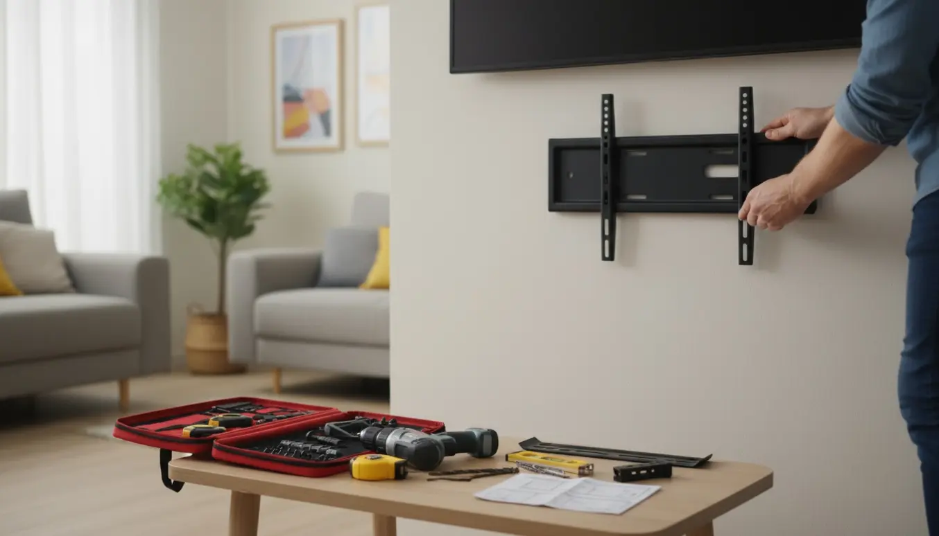 Tekniker monterer en stor fladskærm på en væg med bor, beslag og målebånd i forgrunden.