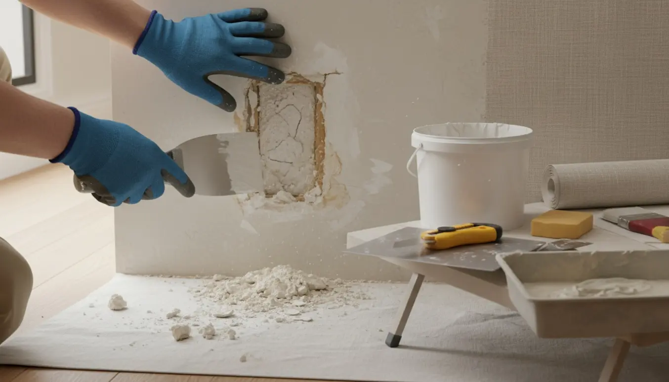 Hænder fylder et cirka 20 x 15 cm hul i en indendørs væg med frisk mørtel klar til tapet.