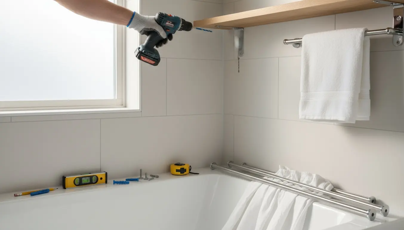 Nærbillede af hænder, der monterer en hylde i et flisebadeværelse med boremaskine og værktøj.