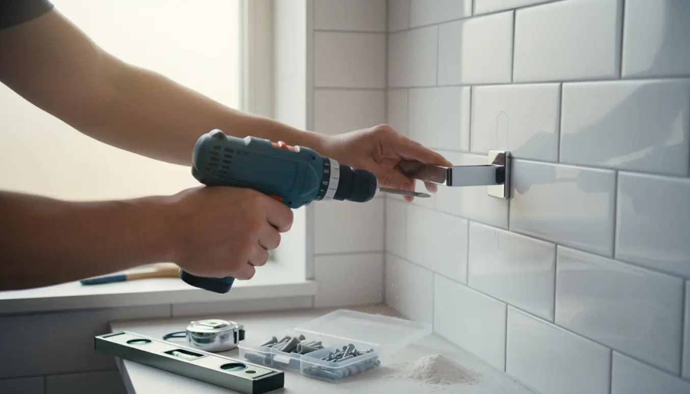 Hænder borer huller i fliser for at montere en håndklædehylde i et lyst badeværelse.