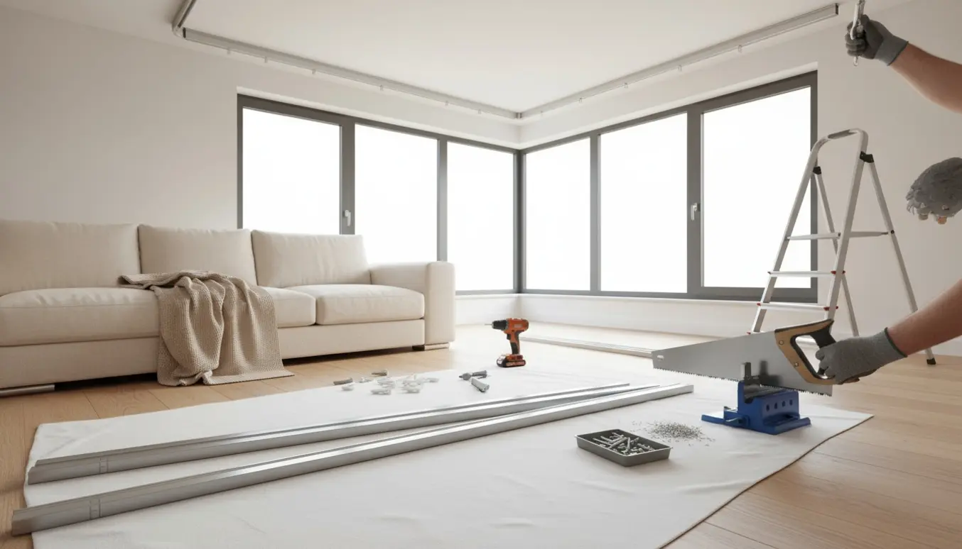 Loftmontering af gardinskinne i et L-formet vinduesparti med værktøj og skinner klar.