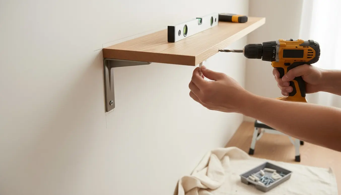 Nærbillede af hænder, der monterer en let egetræshylde på en gipsvæg med metalbeslag, boremaskine og rawlplugs.
