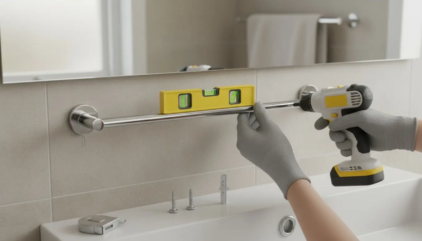 Hænder monterer en krom håndklædestang på badeværelsesfliser med vaterpas og skruer.