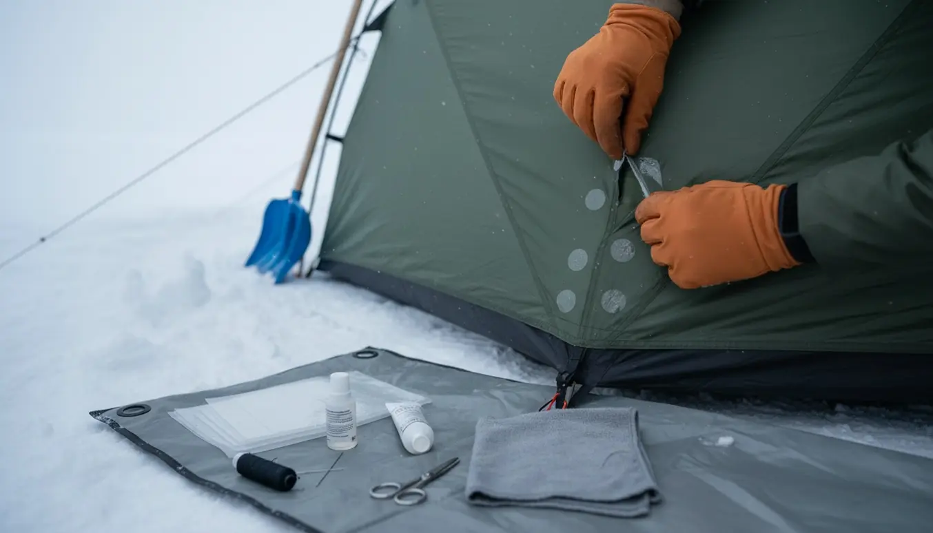 Hænder lapper huller i et pentetelt med lappeudstyr i en snedækket baggrund.