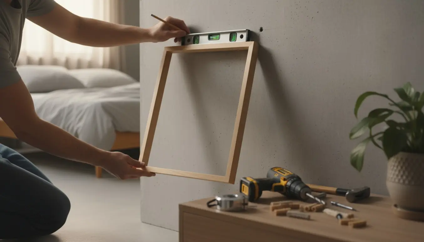 Hænder monterer en 40x50 indrammet familiefotograf på en betonvæg i et lyst soveværelse.