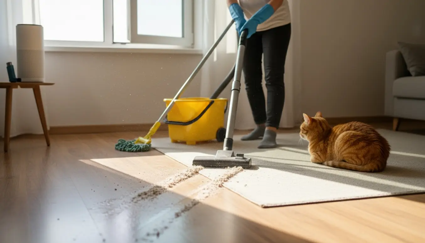 Soloplyst lejlighed hvor en person støvsuger og mopper gulvet, mens en kat ligger på det rene tæppe.