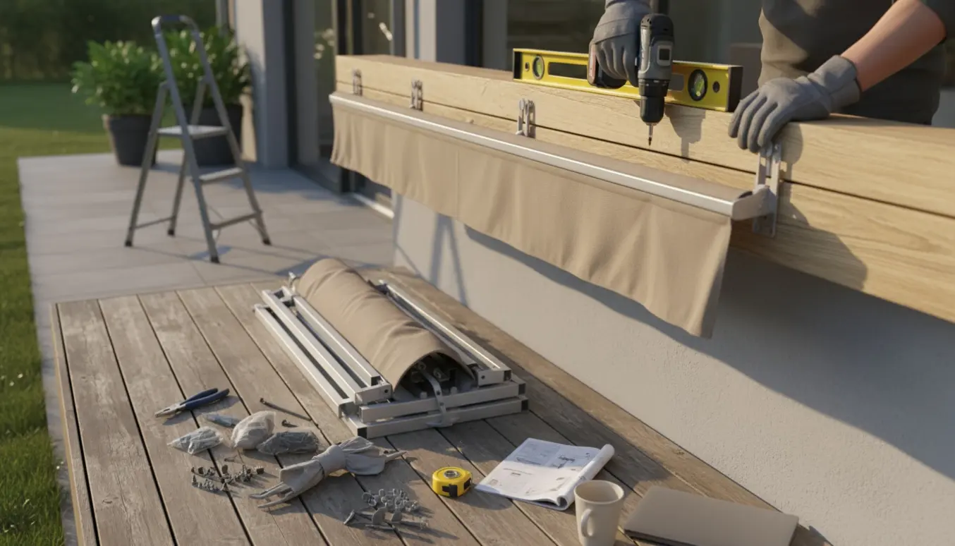 Hænder monterer en baldakin på en solrig terrasse med en anden baldakin og værktøj lagt klar.