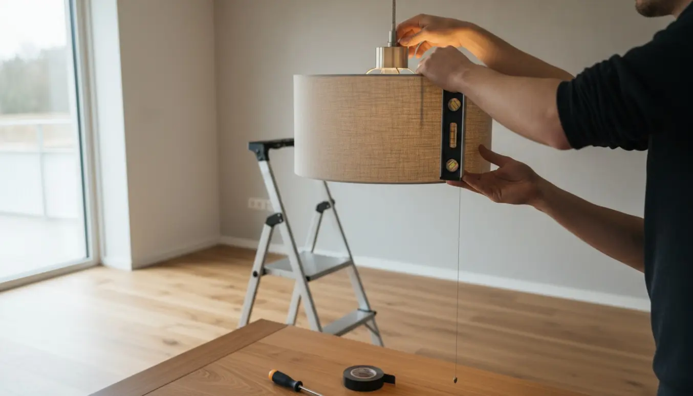 Hænder justerer en pendellampe med vaterpas på en stige over et spisebord.