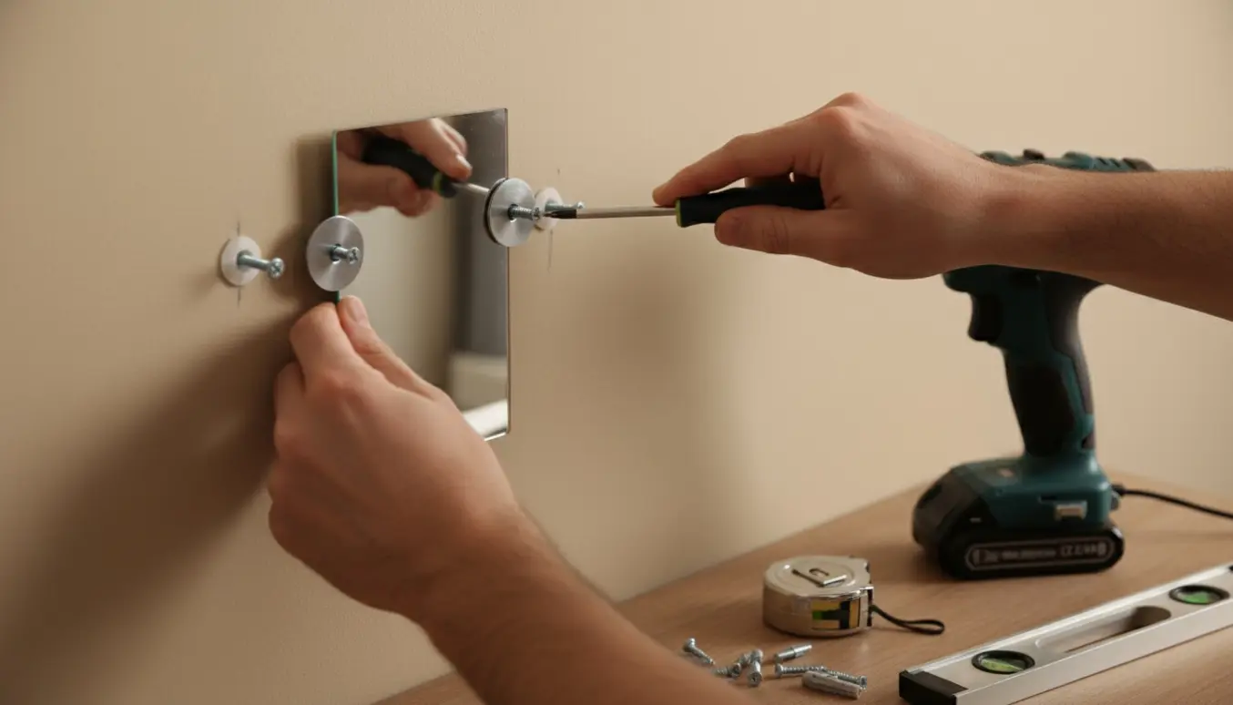 Nærbillede af hænder, der monterer et lille 16 cm højt spejl på en almindelig væg med to skruer.