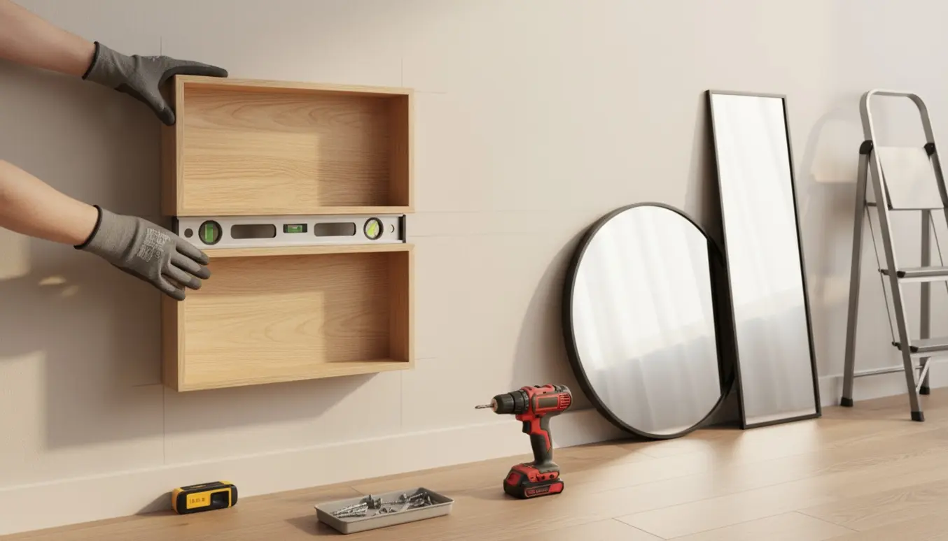 Hænder justerer vaterpas og bor for at montere to trækasser og to spejle på en lys væg.