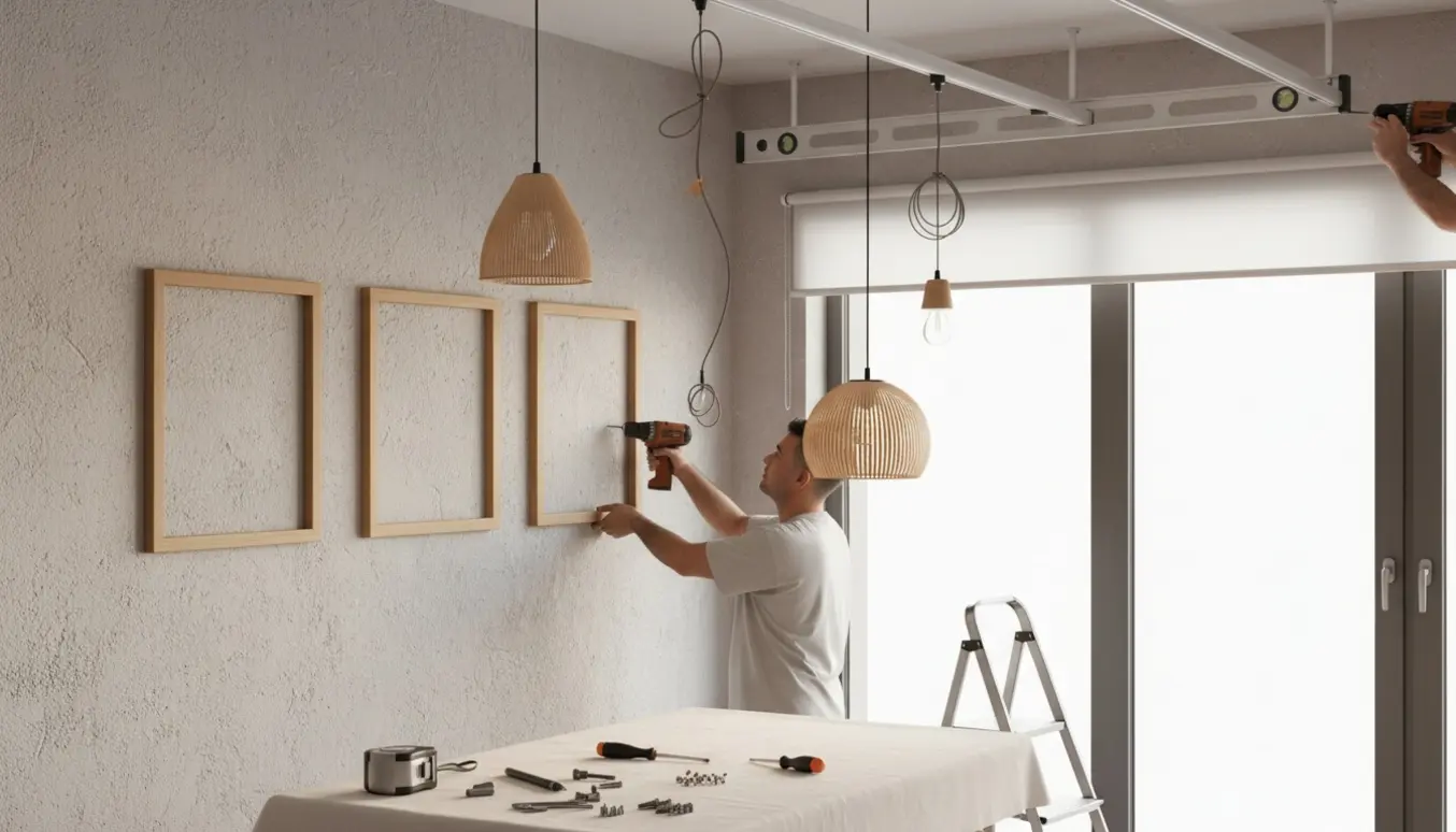 Hænder monterer billeder, rullegardin, gardinskinner og loftslamper i en moderne stue.