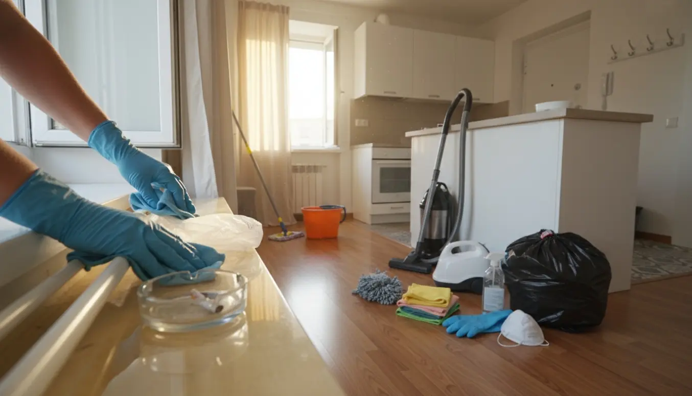 Hovedrengøring i en 45 m² lejlighed med handsker, støvsuger, moppe og åben vindue efter rygning.