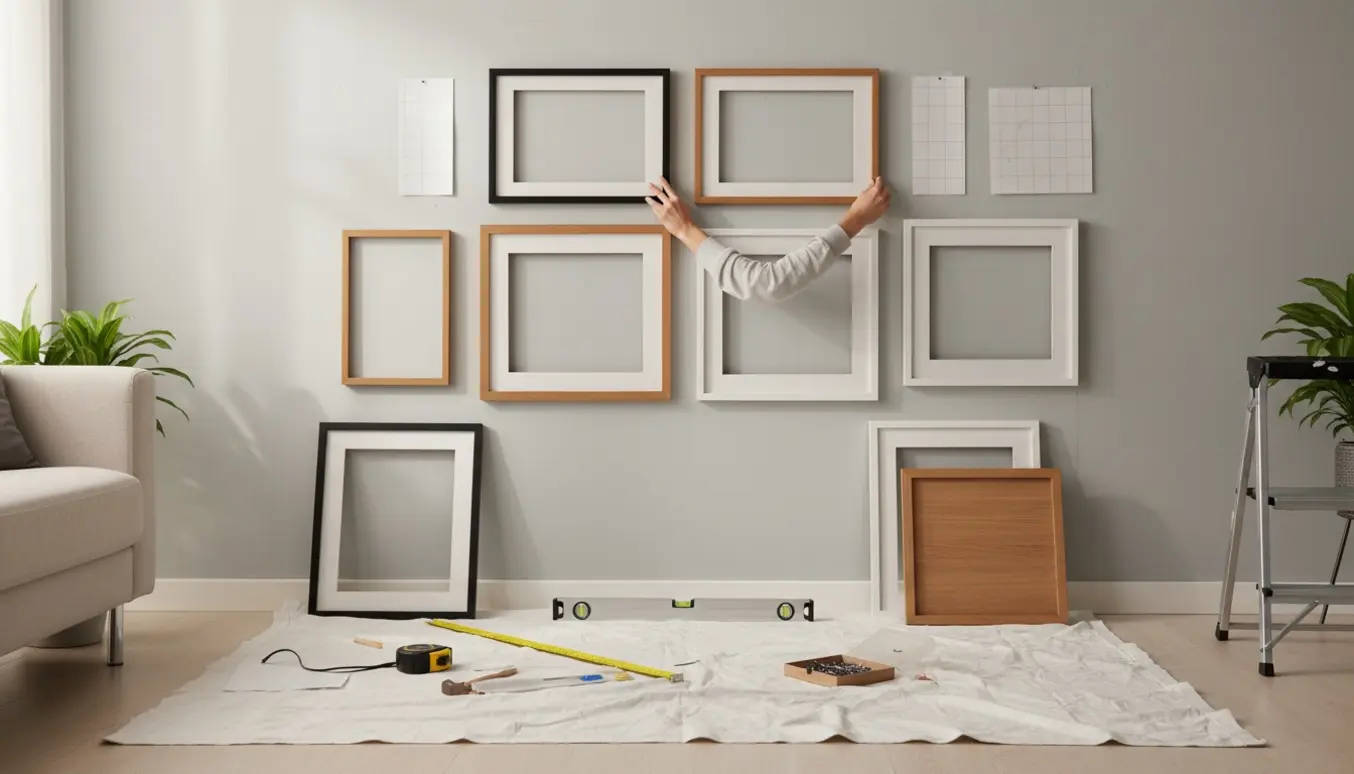 Hænder hænger otte billedrammer på en lys væg med målebånd og vaterpas ved siden af.