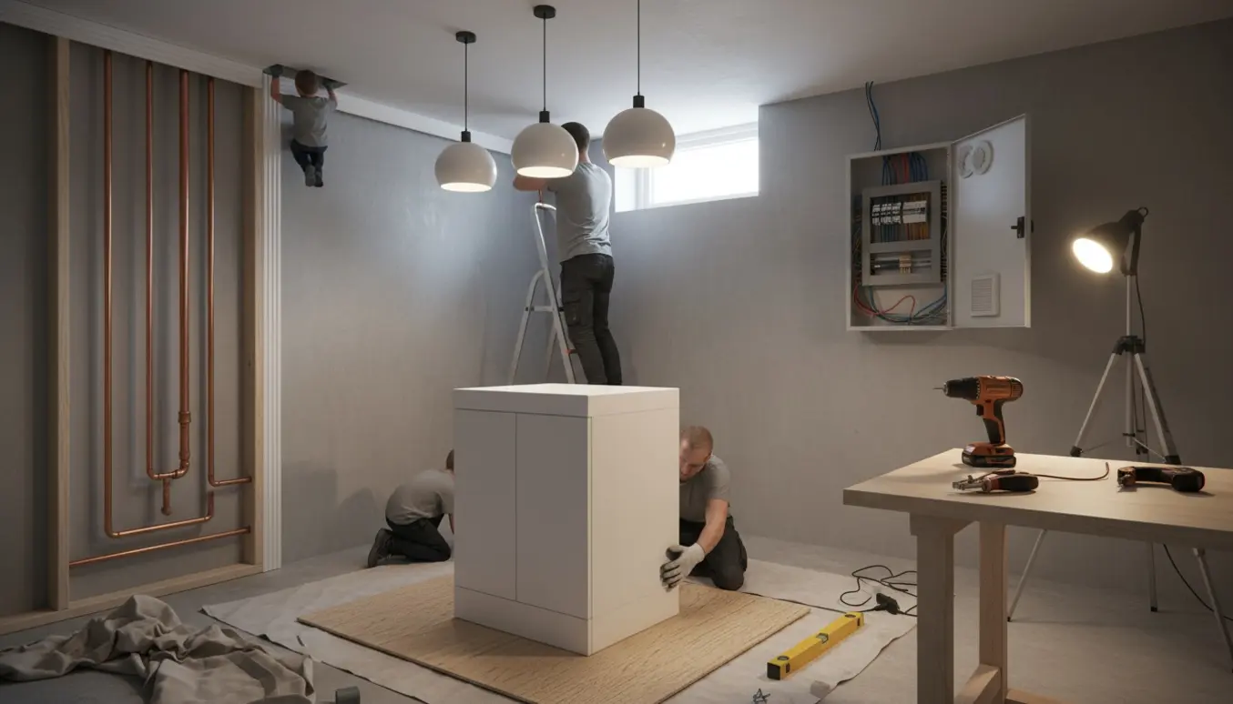 Nyrenoveret kælder med håndværkere, der monterer rørkasse, ventilationslister, elskab, badeværelsesskab under vask og opsætter lamper.