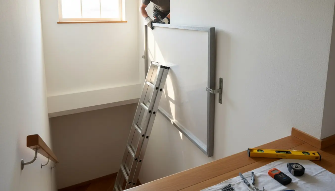 Stort indrammet billede hænges op over en trappenedgang med stige og hænder, der monterer beslag.