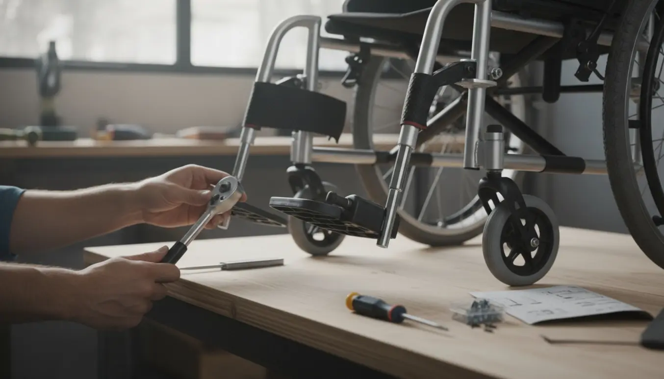 Nærbillede af hænder, der justerer bremser og spænder skruer på en manuel sammenklappelig kørestol med værktøj på et ryddeligt bord.