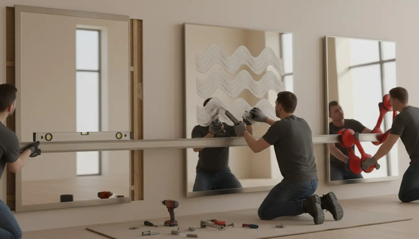 Håndværkere monterer tre tunge spejle med lim og skinner på en væg i et lyst rum.