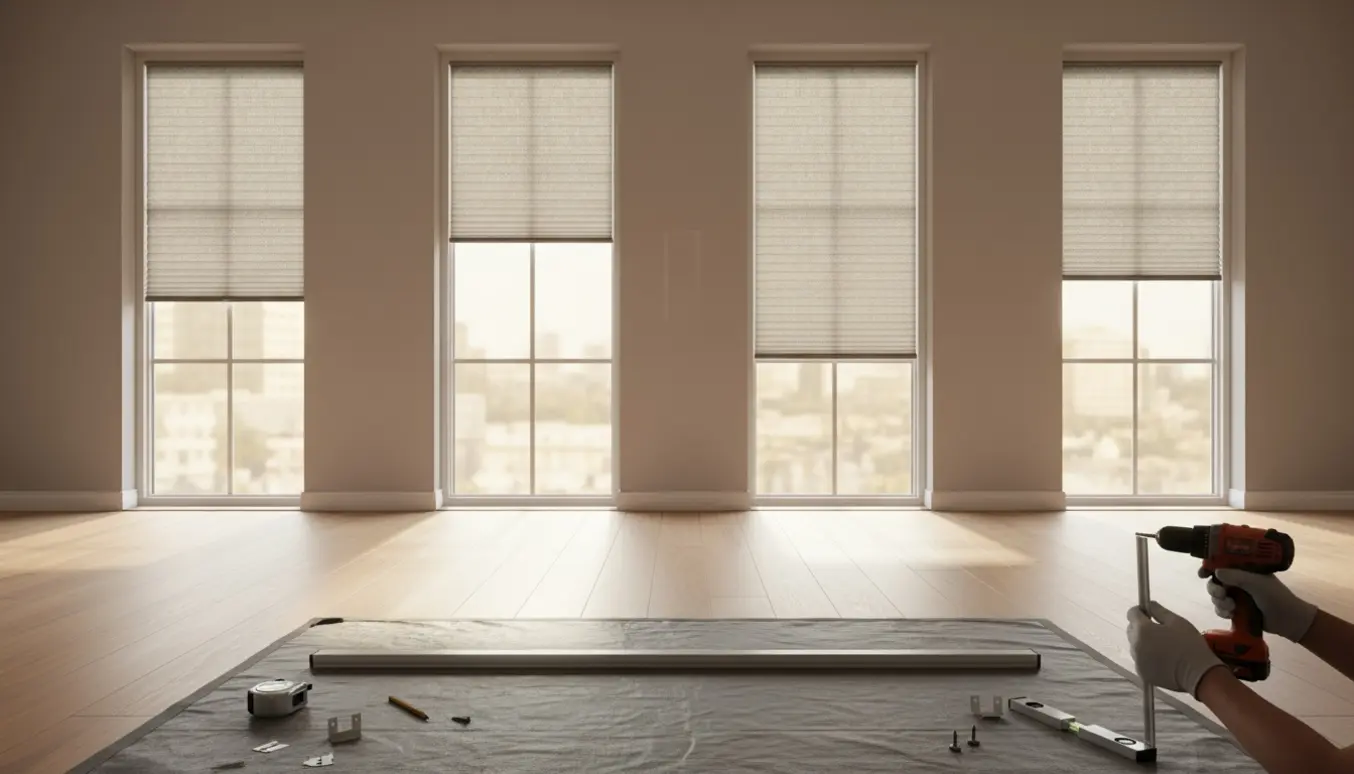 Hænder monterer fire up-and-down persienner ved fire smalle vinduer i et lyst rum.