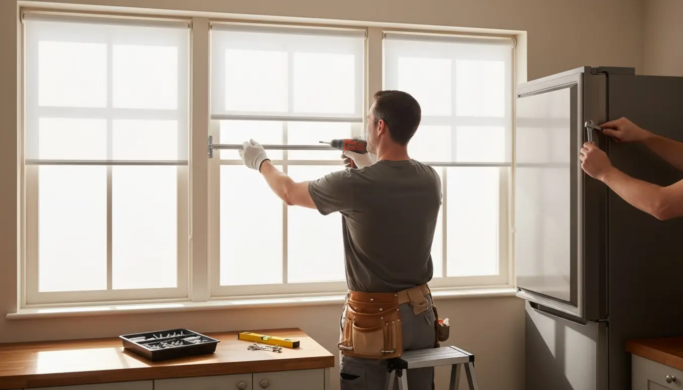 Håndværker monterer tre rullegardiner i et lyst køkken, mens køleskabets dør justeres.