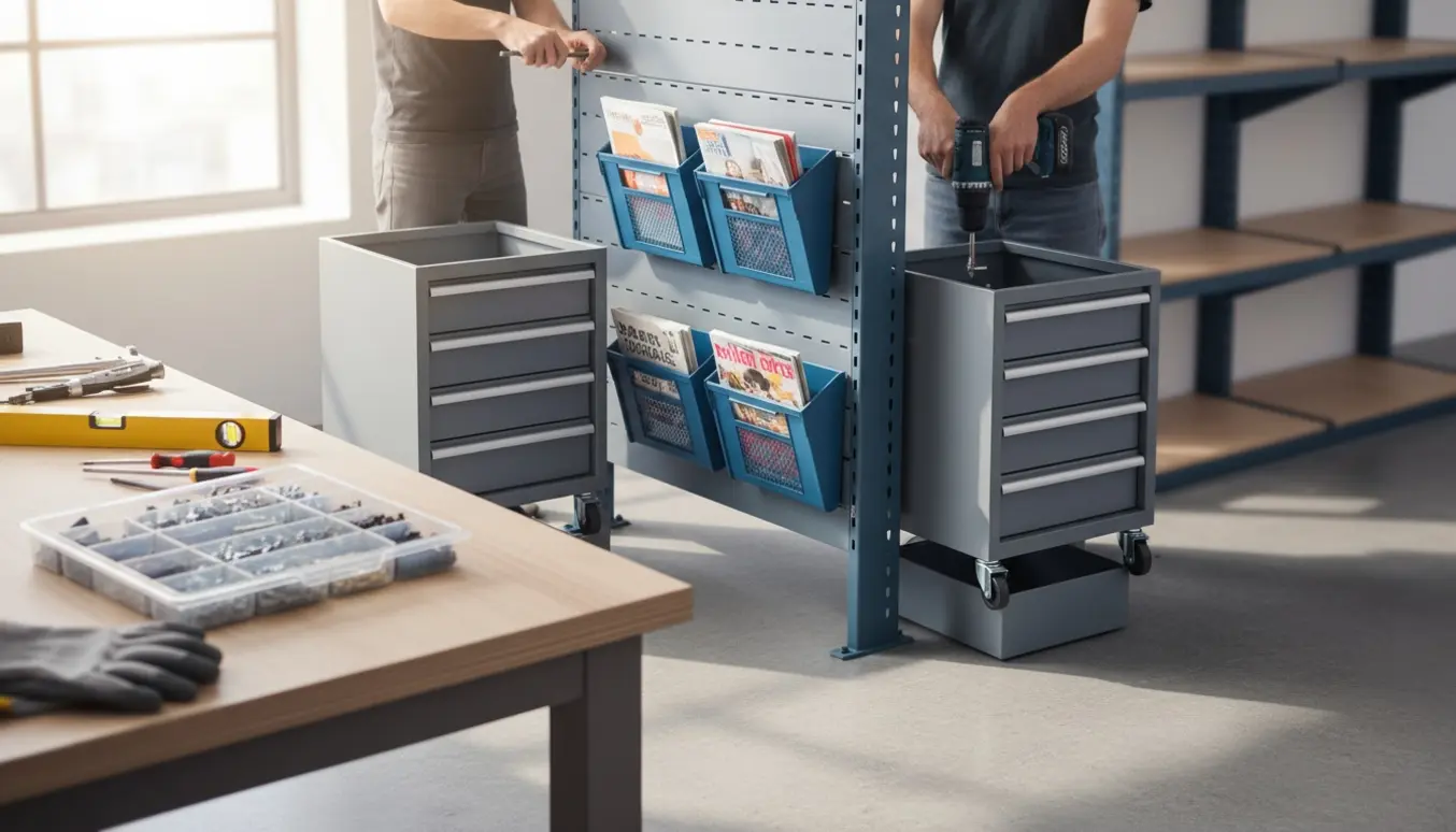 Hænder samler en stålreol, monterer magasinholdere og sætter hjul på to kassetter i et lyst værksted.