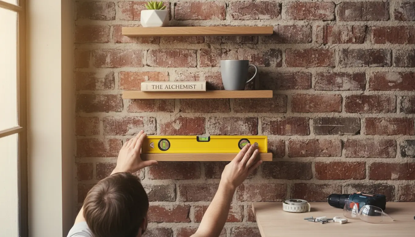 Fire små træsvævehylder monteres lodret på en rå murstensvæg med værktøj i forgrunden.