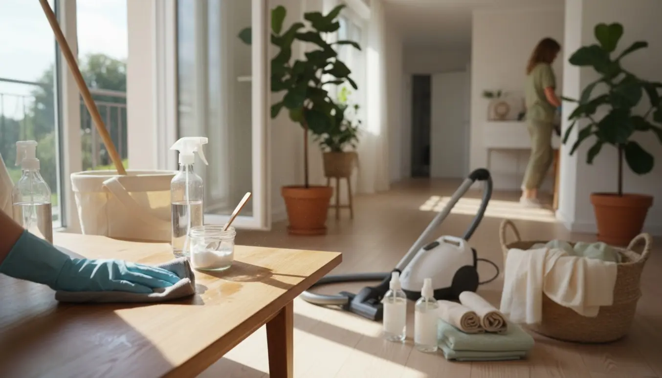 Lyst hjem med allergivenlige, duftefri rengøringsmidler og hænder, der pudser et sofabord.