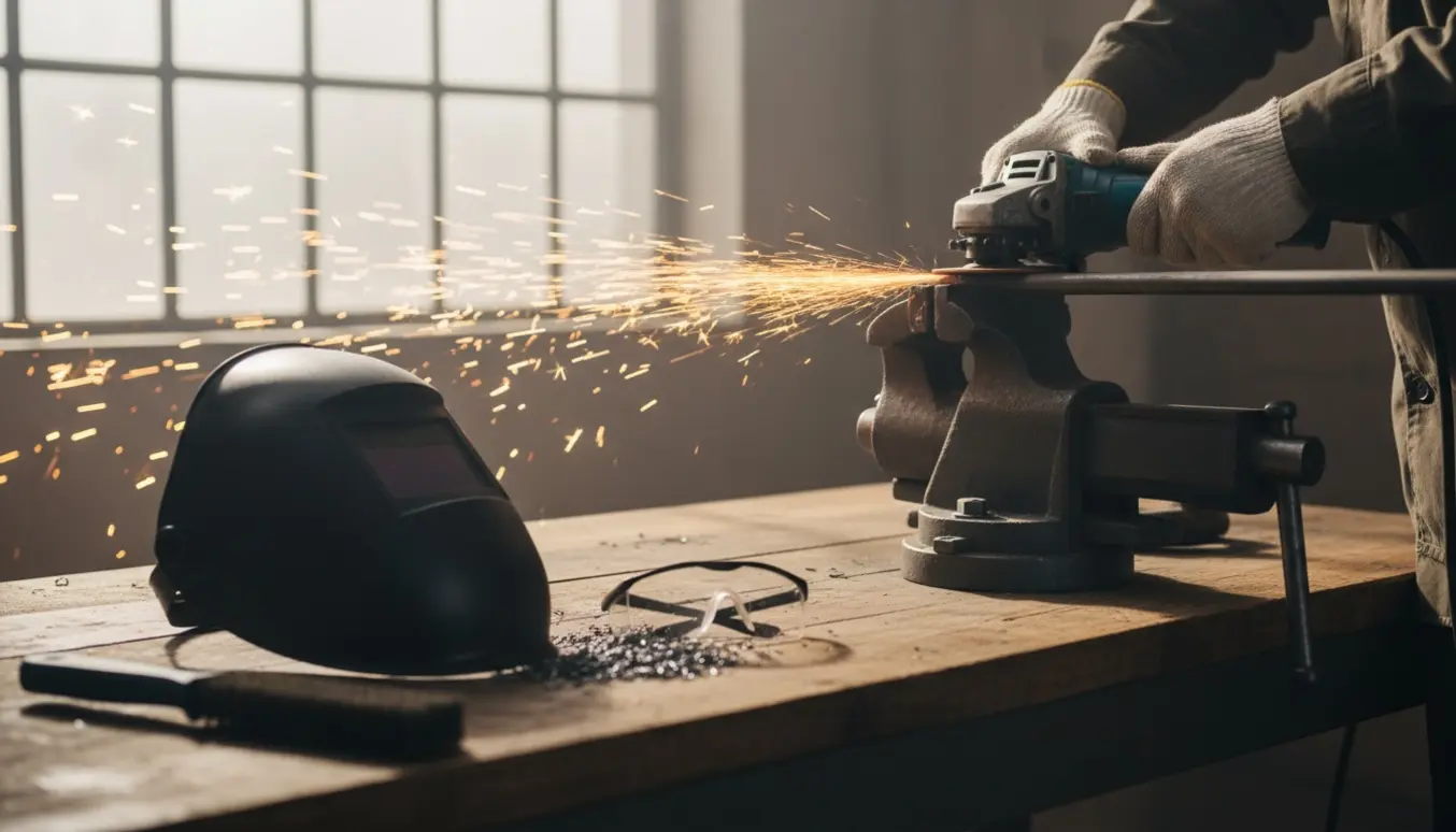 En metalskærer forkorter en metalstang i en lys garage med gnister og værktøj omkring.