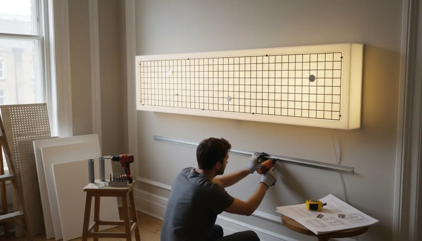 Stor oplyst lysboks i teaterstil monteret på en stuevæg med metalgitter og værktøj til montering.