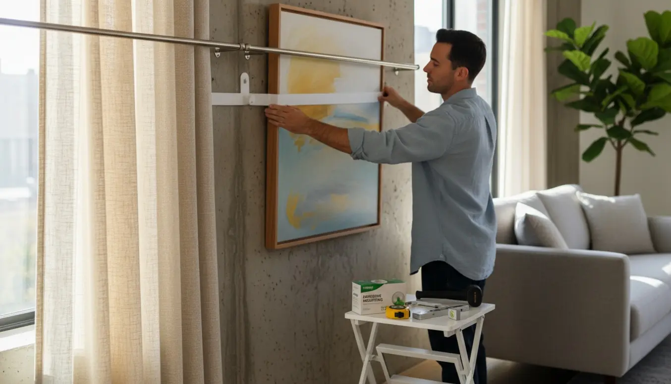 Hænder monterer gardiner og et maleri på en betonvæg med kraftige klæbekroge uden bor.
