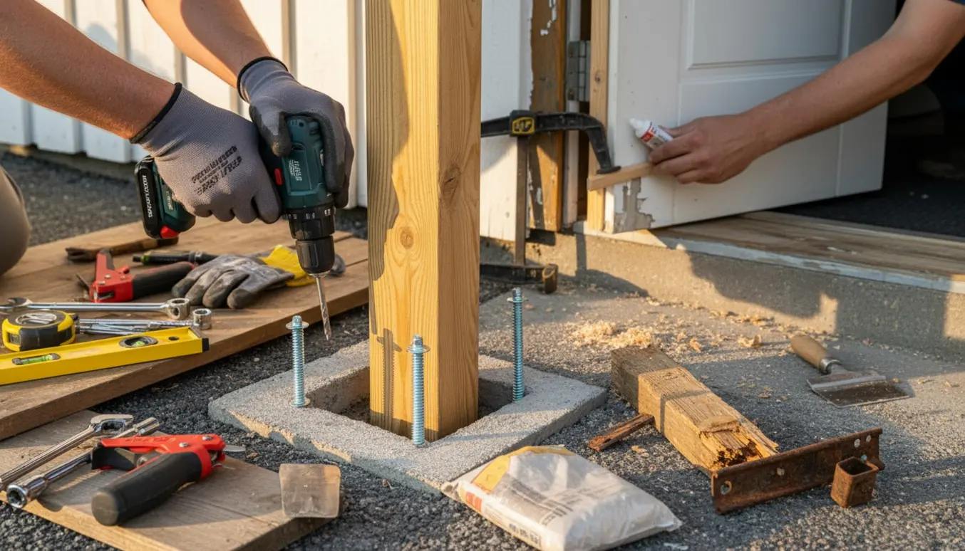 Hænder monterer ny postkassefod på betondæk, mens en reparation af en dørlist foregår i baggrunden.