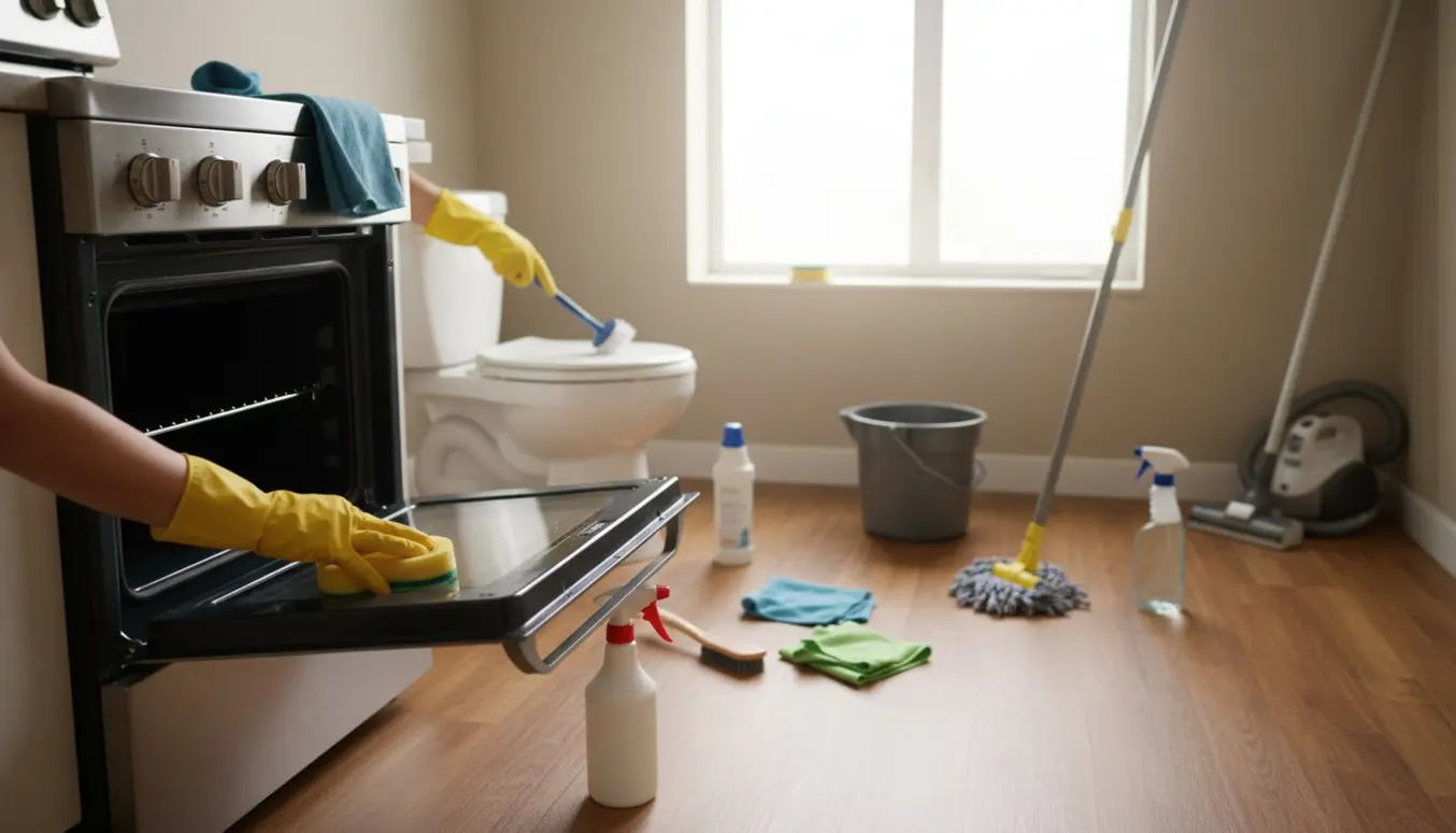 Flytterengøring i et lille studie med ovn, komfur, toilet og rengøringsudstyr synligt.