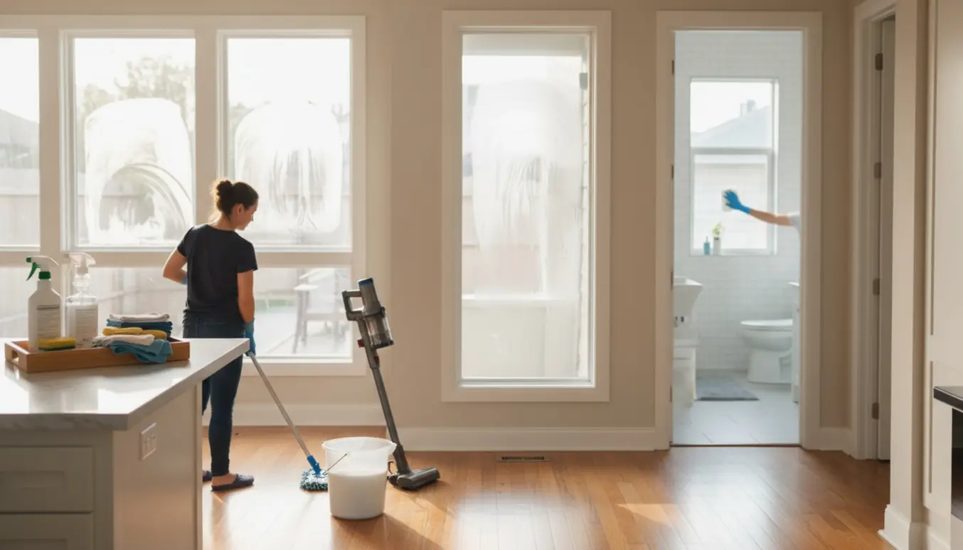 Dybtgående hovedrengøring i et lyst, åbent køkken‑alrum med mopper, støvsuger og skinnende vinduer, personer uden synlige ansigter.