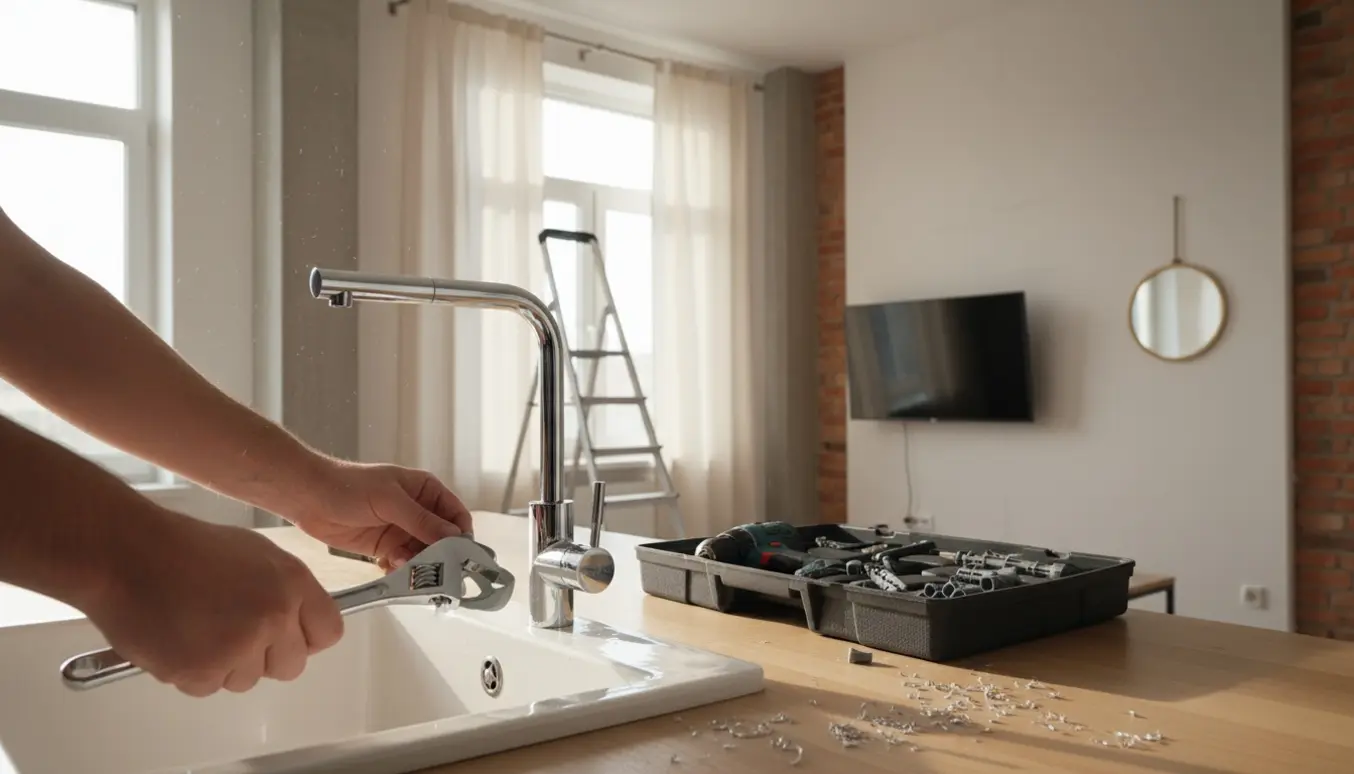 Hænder skruer et nyt køkkenarmatur i et lyst lejlighedskøkken, mens gardiner, et fjernsyn og et lille spejl ophænges.