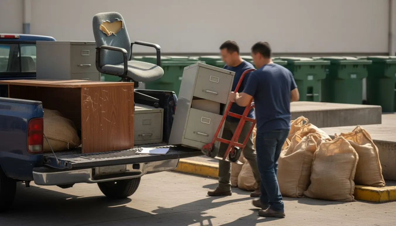 Skadet kontormøbler og sække læsses på en pickup ved genbrugspladsen med flytteudstyr og dokumenter i baggrunden.