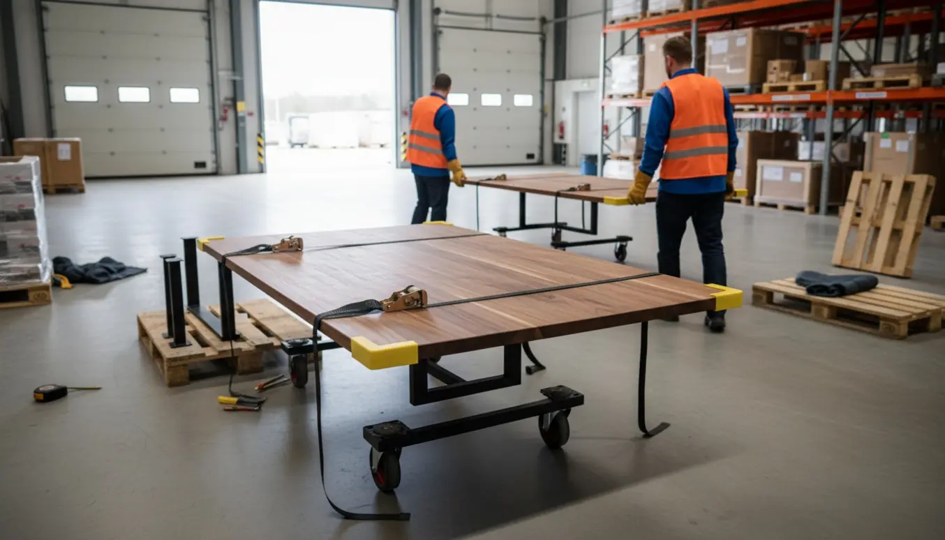 Store bordplader på møbelhunde transporteres gennem et lager med plast og paller til bortskaffelse.