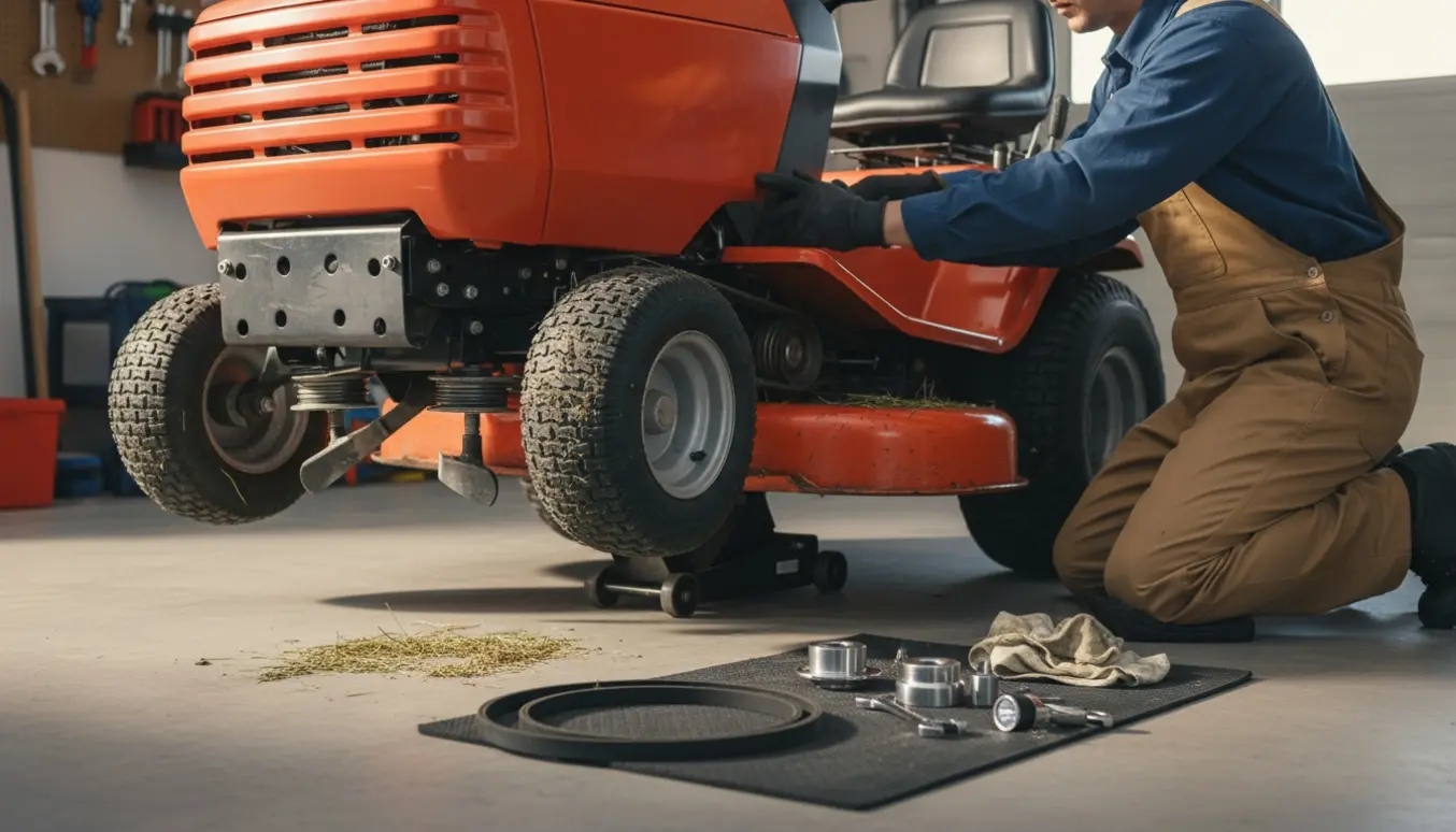 En mekaniker inspicerer drivremmen under en havetraktor med nye remme og værktøj ved siden af.