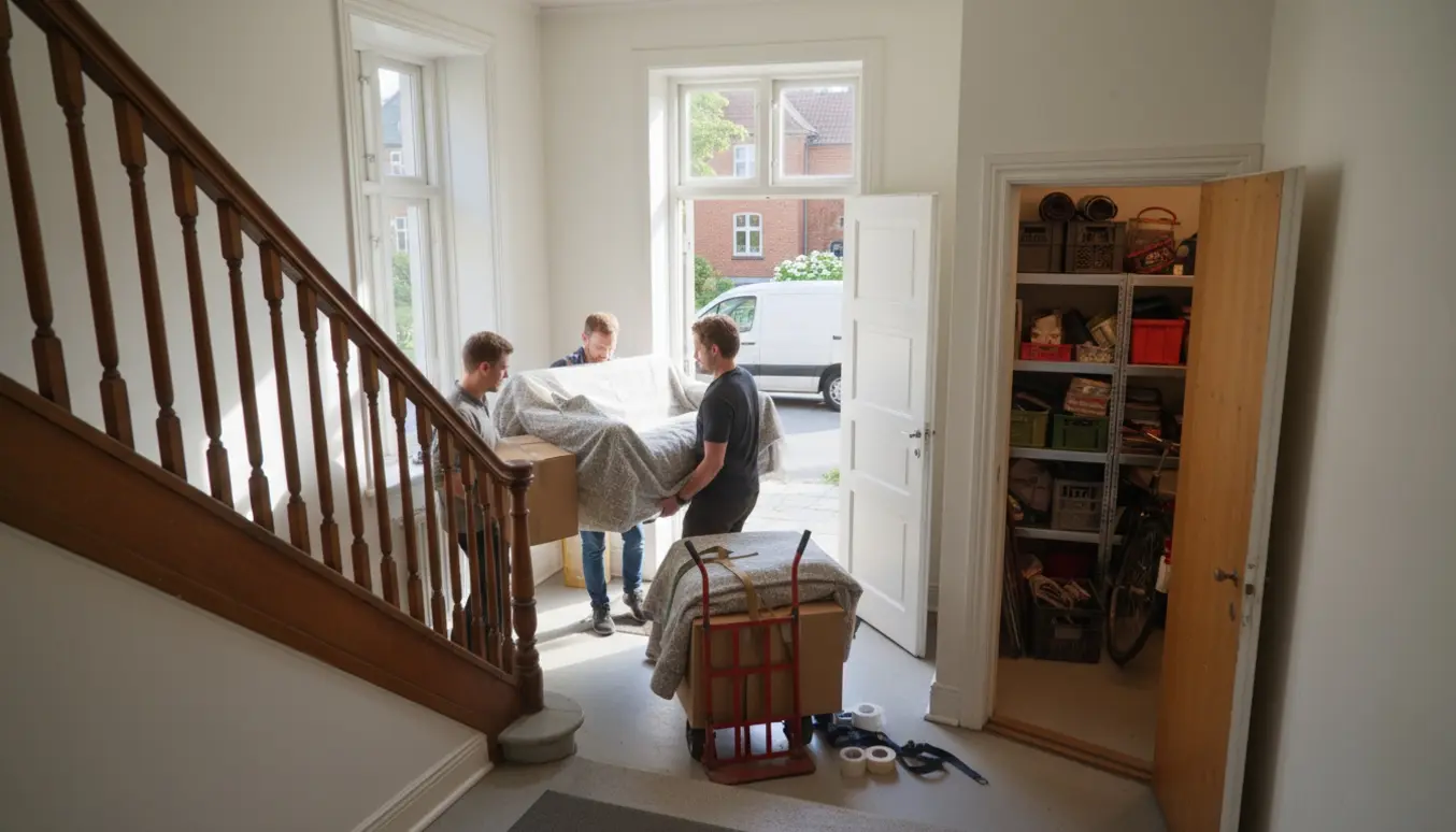 Flyttefolk bærer indpakkede møbler ned ad en solbelyst København-trappe mod en flyttevogn med et parcelhus i Hillerød i baggrunden.