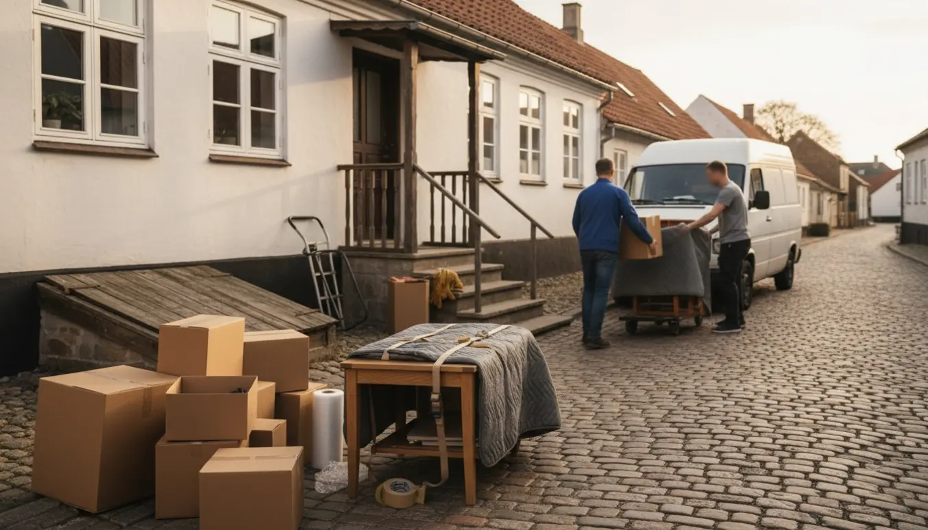 Flyttekasser og flytteudstyr foran et hus i Ribe, hvor flyttere bærer møbler ind.