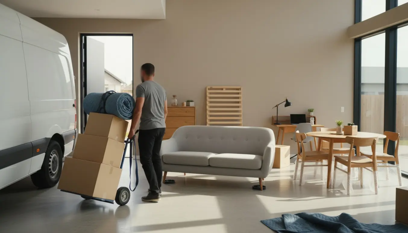 To flyttemænd bærer møbler og flyttekasser ind i et lyst hjem, mens seng, kommode og sofa stilles på plads.