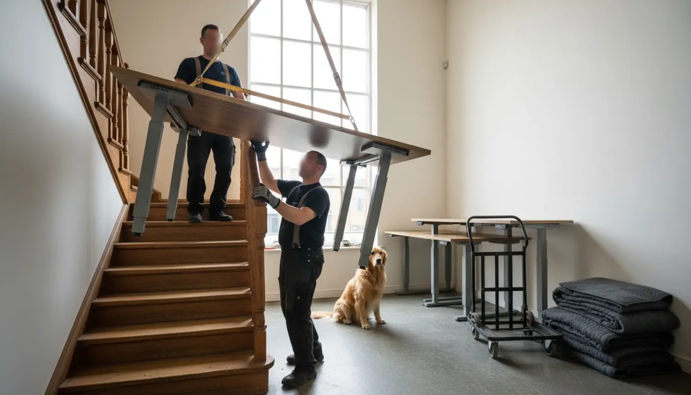 To flyttemænd bærer et stort hævesænke-skrivebord op ad en trappe med transportvogn og en hund i baggrunden.