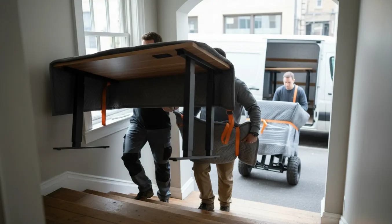 To flyttefolk bærer og trækker to hæve/sænkeborde forsvarligt dækket af flyttetæpper ned ad en opgang mod en varevogn.