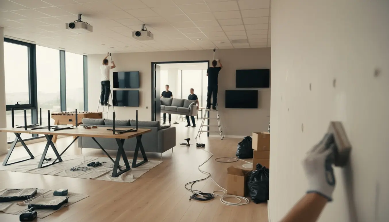 Lyst kontorlokale med flyttede møbler, teknikerne monterer skærme og projektorer, og væggen spartles og males.