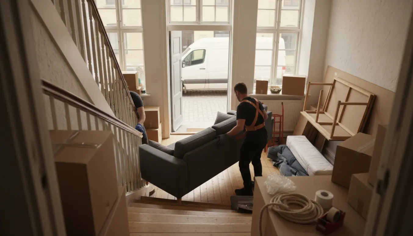 Flytning fra 2. sal med flyttemænd, sofa og stabler af kasser på vej mod en hvid flyttebil.
