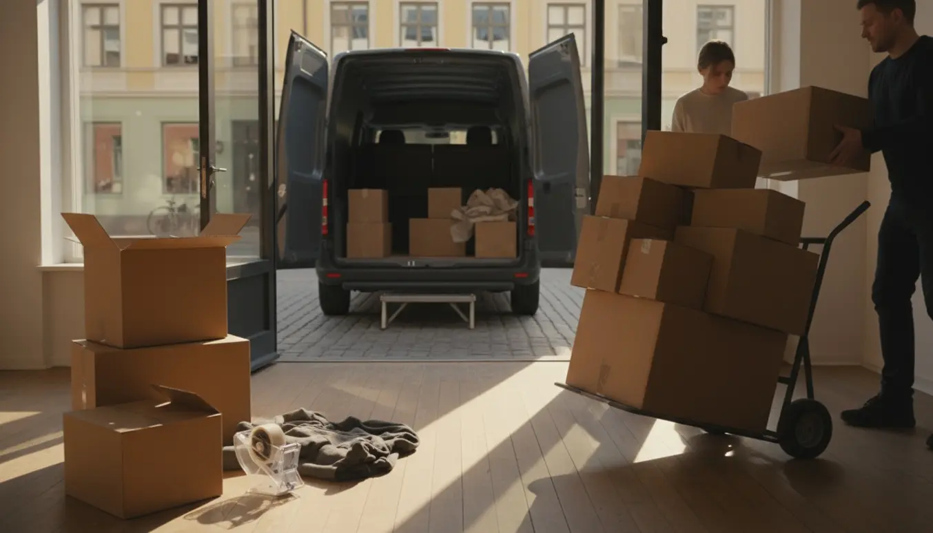Håndvogn med flyttekasser ved en åben varevogn mens en butik tømmes på en solrig morgen.
