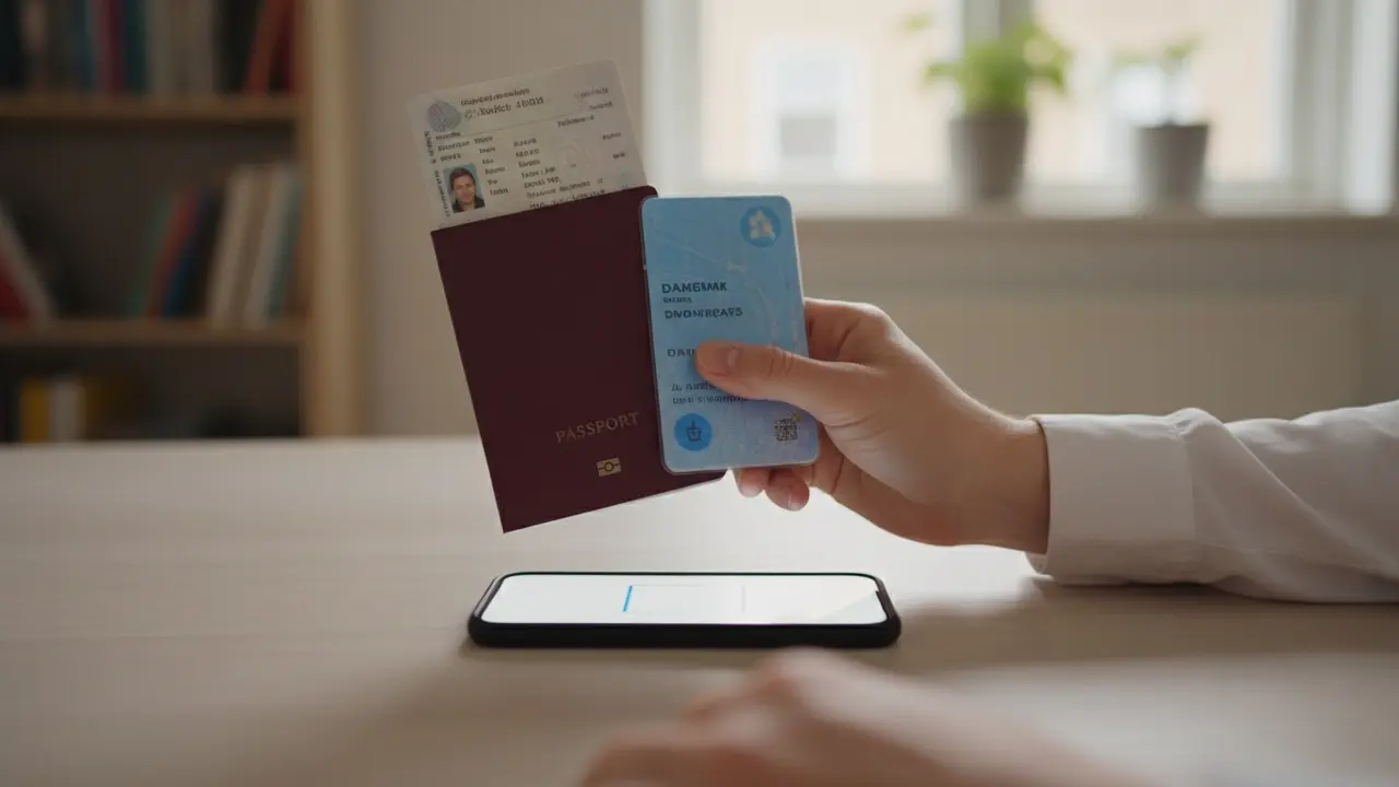 Nærbillede af hænder, der scanner pas og kørekort med en smartphone til verifikation.