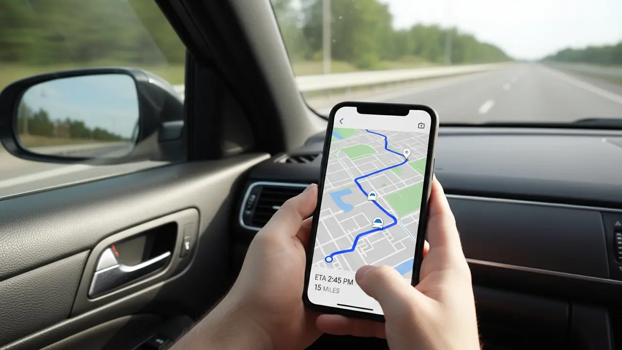 Passagers hånd med smartphone der viser live-kort og rute, set indefra bilen.