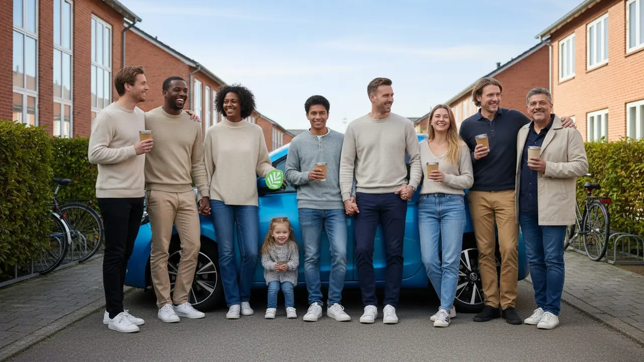 Smilende personer ved en bil på en dansk villavej, der symboliserer fællesskab og samkørsel