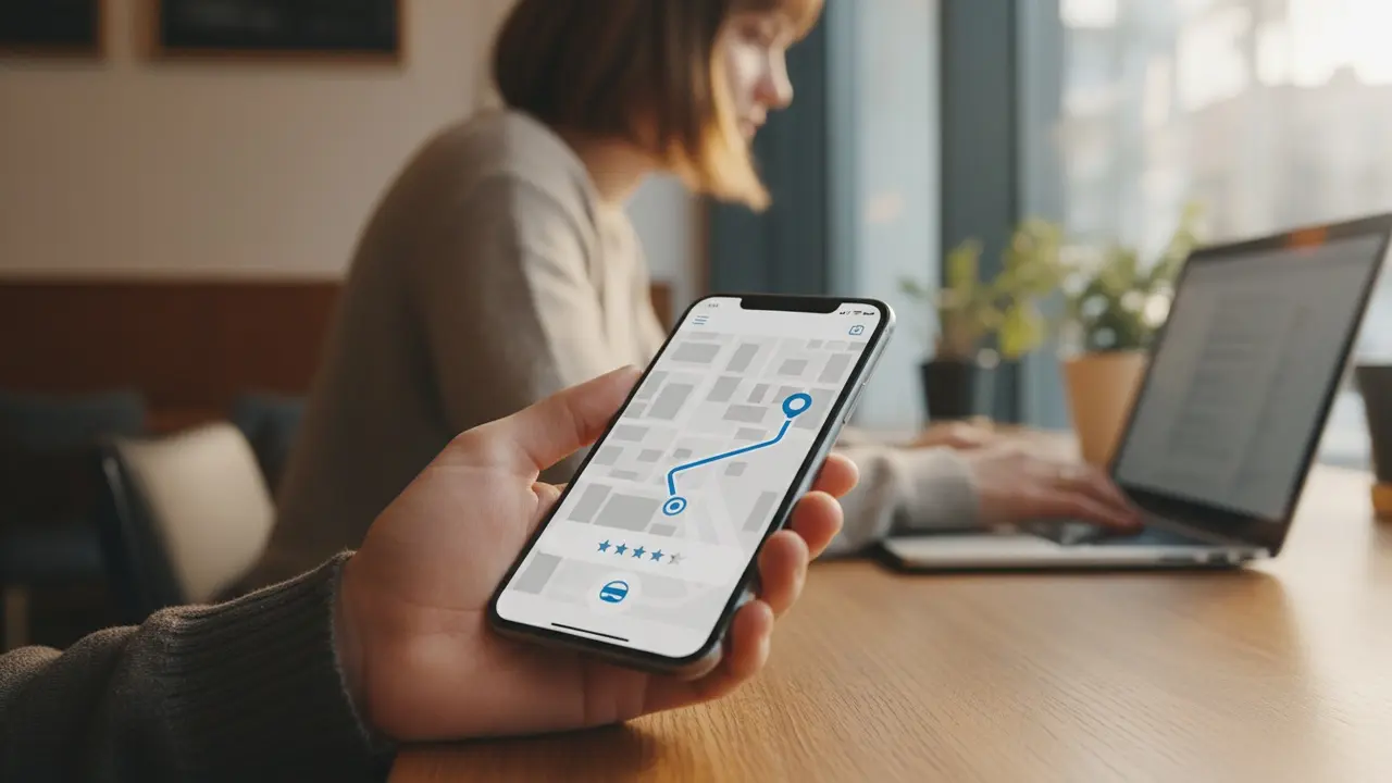 Smartphone med en generisk samkørselsapp, kort og bookinginformation på skærmen