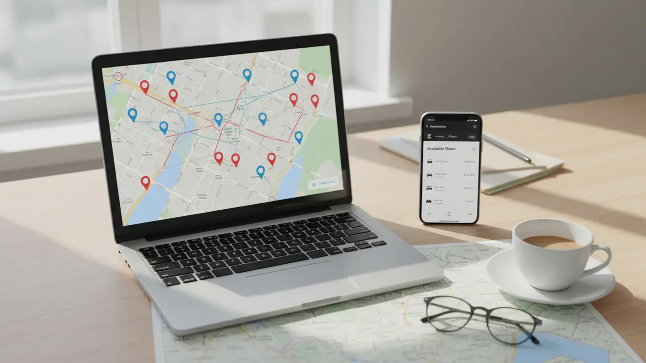 Laptop og smartphone viser tilgængelige ture på et kort over Danmark samt liste over lift