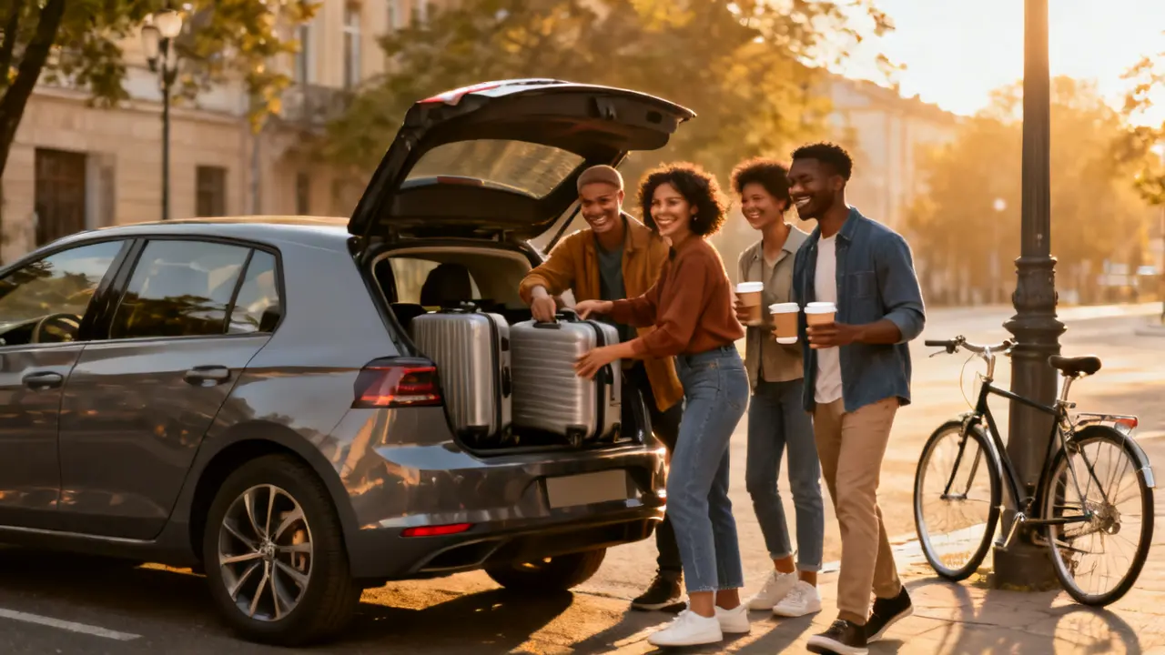 Gruppe mennesker læsser bagage i en bil klar til samkørsel